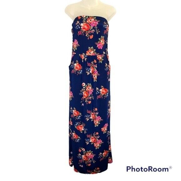 Dolce Bianca Navy Floral Print Strapless Maxi Dress Size Small - Picture 1 of 6